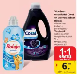 Carrefour Vloeibaar wasmiddel coral en wasverzachter robijn aanbieding