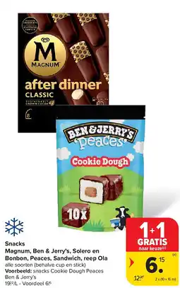 Carrefour Snacks Magnum, Ben & Jerry’s, Solero en Bonbon, Peaces, Sandwich, reep Ola aanbieding