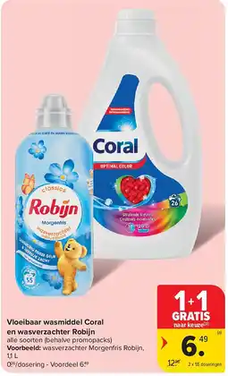 Carrefour Vloeibaar wasmiddel Coral en wasverzachter Robijn aanbieding