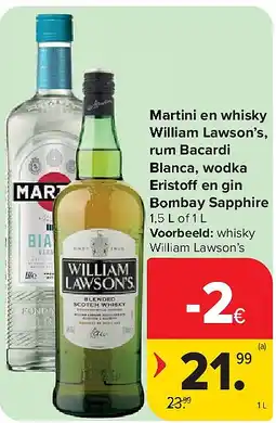 Carrefour Martini en whisky William Lawson’s, rum Bacardi Blanca, wodka Eristo en gin Bombay Sapphire aanbieding