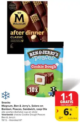 Carrefour Market Snacks magnum , ben & jerry solero en bonbon , peaces , sandwich , reep ola aanbieding