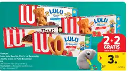 Carrefour Market Koekjes lulu, lulu beertje, pim's, la barquettezachte cake en petit beukelaer lu aanbieding
