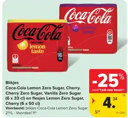 Carrefour Market Blikjes coca-cola lemon zero sugar, cherry, cherry zero sugar, vanilla zero sugar en flesjes lemon zero sugarcherry aanbieding