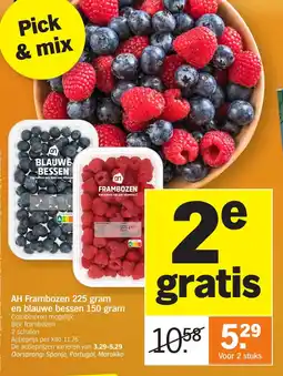 Allerhande AH Frambozen 225 gram en blauwe bessen 150 gram aanbieding