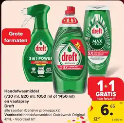 Carrefour Handafwasmiddel (730 ml, 820 ml, 1050 ml of 1450 ml) en vaatspray Dreft aanbieding
