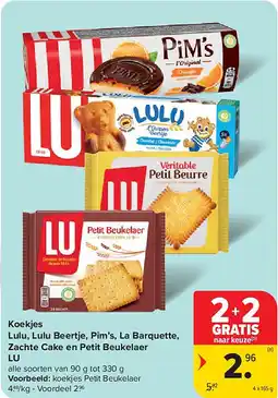 Carrefour Koekjes Lulu, Lulu Beertje, Pim’s, La Barquette, Zachte Cake en Petit Beukelaer LU aanbieding