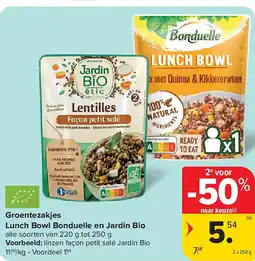 Carrefour Groentezakjes Lunch Bowl Bonduelle en Jardin Bio aanbieding