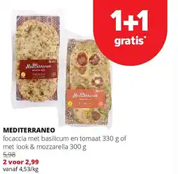 Spar MEDITERRANEO focaccia met basilicum en tomaat 330 g of met look & mozzarella 300 g aanbieding