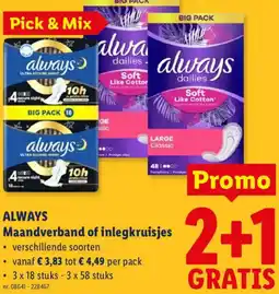 Lidl Always Maandverband of inlegkruisjes aanbieding