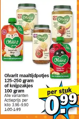 Albert Heijn Olvarit maaltijdpotjes 125-250 gram of knijpzakjes 100 gram aanbieding