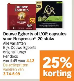 Albert Heijn Douwe Egberts of L'OR capsules voor Nespresso 20 stuks aanbieding