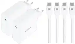 Coolblue BlueBuilt 140W GaN Usb C Oplader Wit + Usb C Kabel 240W 2m Nylon Wit Duo Pack aanbieding