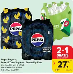 Carrefour Pepsi Regular, Max of Zero Sugar en Seven Up Free aanbieding