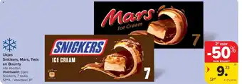 Carrefour IJsjes Snickers, Mars, Twix en Bounty aanbieding