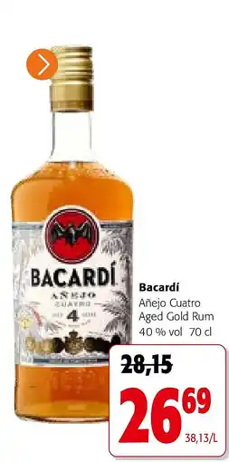 Colruyt Bacardí Añejo Cuatro Aged Gold Rum 40 % vol 70 cl aanbieding