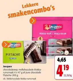 Colruyt Jacques chocoladereep melkchocolade Mokkarumsmaak 4 x 47 g of pure chocolade Pistache 200 g aanbieding
