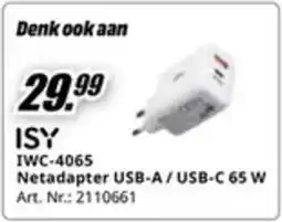 MediaMarkt ISY IWC-4065 Netadapter USB-A/USB-C 65 W aanbieding