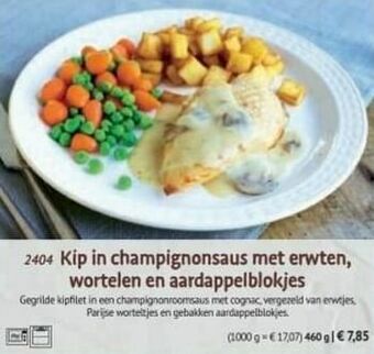 Kip in champignonsaus met erwten wortelen en aardappelblokjes