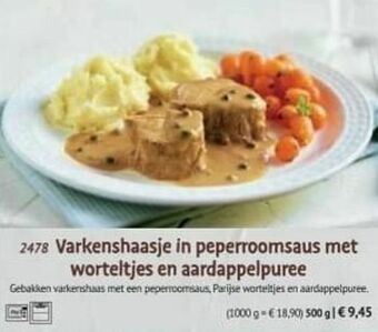 Varkenshaasje in peperroomsaus met worteltjes en aardappelpuree