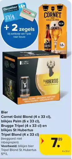 Carrefour Bier Cornet Gold Blond, blikjes Palm, Brugge Tripel en blikjes St Hubertus Tripel Blond aanbieding