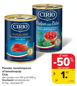 Carrefour Herbs Passata, tomatenpuree of tomatenpulp Cirio aanbieding