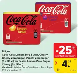 Carrefour Blikjes Coca-Cola Lemon Zero Sugar, Cherry, Cherry Zero Sugar, Vanilla Zero Sugar (6 x 33 cl) en flesjes Lemon Zero Sugar, Ch aanbieding