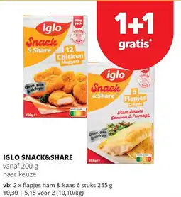 Spar IGLO SNACK&SHARE fl apjes ham & kaas 6 stuks 255 g aanbieding
