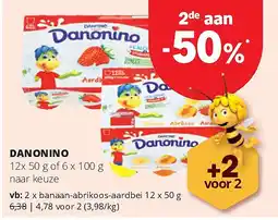 Spar DANONINO banaan-abrikoos-aardbei 12 x 50 g aanbieding