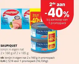 Spar SAUPIQUET tonijn in eigen nat 2 x 160 g in promopack aanbieding