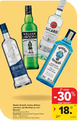 Carrefour Wodka Eristoff, whisky William Lawson's, gin Bombay en rum Bacardi aanbieding