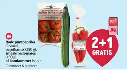 Delhaize Rode puntpaprika (2 stuks), paprikamix (250 g), smaaktrostomaten (450 g) of komkommer (stuk) aanbieding