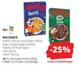 Spar Kellogg's trésor, chocos, coco pops, honey pops, honey loops, smacks, frosties of froot loops naar keuze aanbieding