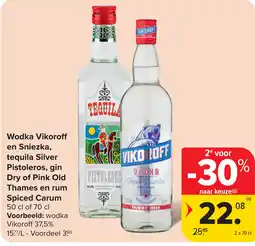Carrefour Wodka Vikoroff en Sniezka, tequila Silver Pistoleros, gin Dry of Pink Old Thames en rum Spiced Carum aanbieding