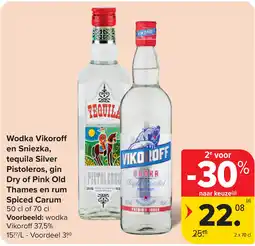 Carrefour Wodka Vikoroff en Sniezka, Tequila Silver Pistoleros aanbieding