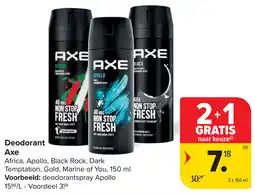Carrefour Deodorant Axe Africa, Apollo, Black Rock, Dark Temptation, Gold, Marine of You aanbieding
