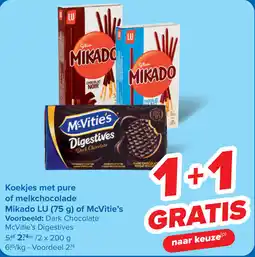 Carrefour Koekjes met pure of melkchocolade Mikado LU of McVitie's aanbieding