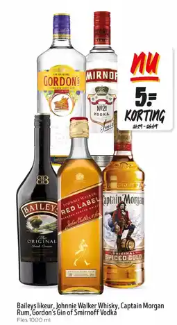 Jumbo B Baileys likeur, Johnnie Walker Whisky, Captain Morgan Rum, Gordon's Gin of Smirnoff Vodka aanbieding