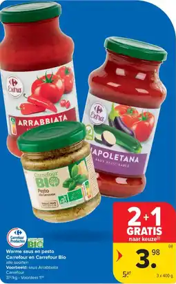 Carrefour Warme saus en pesto Carrefour en Carrefour Bio aanbieding