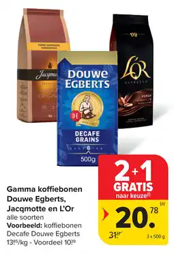 Carrefour Gamma koffiebonen Douwe Egberts, Jacqmotte en L'Or aanbieding