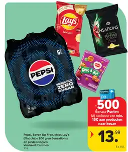 Carrefour Pepsi, Seven Up Free, chips Lay's Flat chips en Sensations en pinda's Duyvis aanbieding