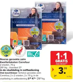 Carrefour Market Noorse gerookte zalm Kwaliteitsketen Carrefour in de visafdeling in zelfbediening ook beschikbaar aanbieding