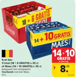 Carrefour Market Krat bier Cristal (18 +6 GRATIS) x 25 cl of Maes (14+ 10 GRATIS) x 25 cl aanbieding