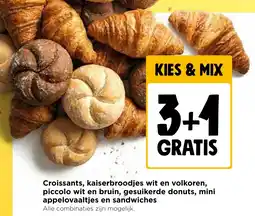 Jumbo Croissants, kaiserbroodjes wit en volkoren, piccolo wit en bruin, gesuikerde donuts, mini appelovaaltjes en sandwiches aanbieding