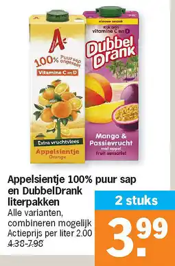 Albert Heijn Appelsientje 100% puur sap en DubbelDrank literpakken aanbieding