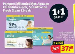 Kruidvat Pampers billendoekjes Aqua en Calendula 9-pak, Sensitive en Fresh Clean 12-pak aanbieding