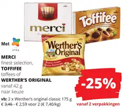 Spar Merci finest selection, Toffiffe toffees of Werther's Original aanbieding