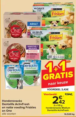 Carrefour Hondensnacks Dentalife ActivFresh en natte voeding Friskies en One aanbieding