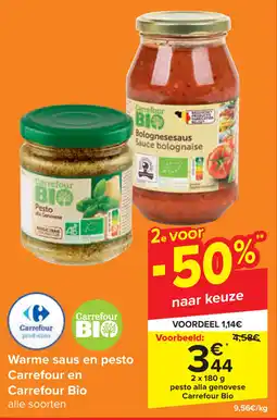 Carrefour Warme saus en pesto Carrefour en Carrefour Bio aanbieding