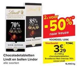 Carrefour Chocoladetabletten Lindt en bollen Lindor aanbieding