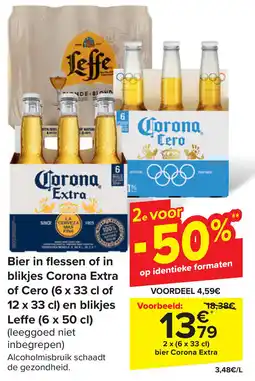 Carrefour Bier in flessen of in blikjes Corona Extra of Cero en blikjes Leffe aanbieding